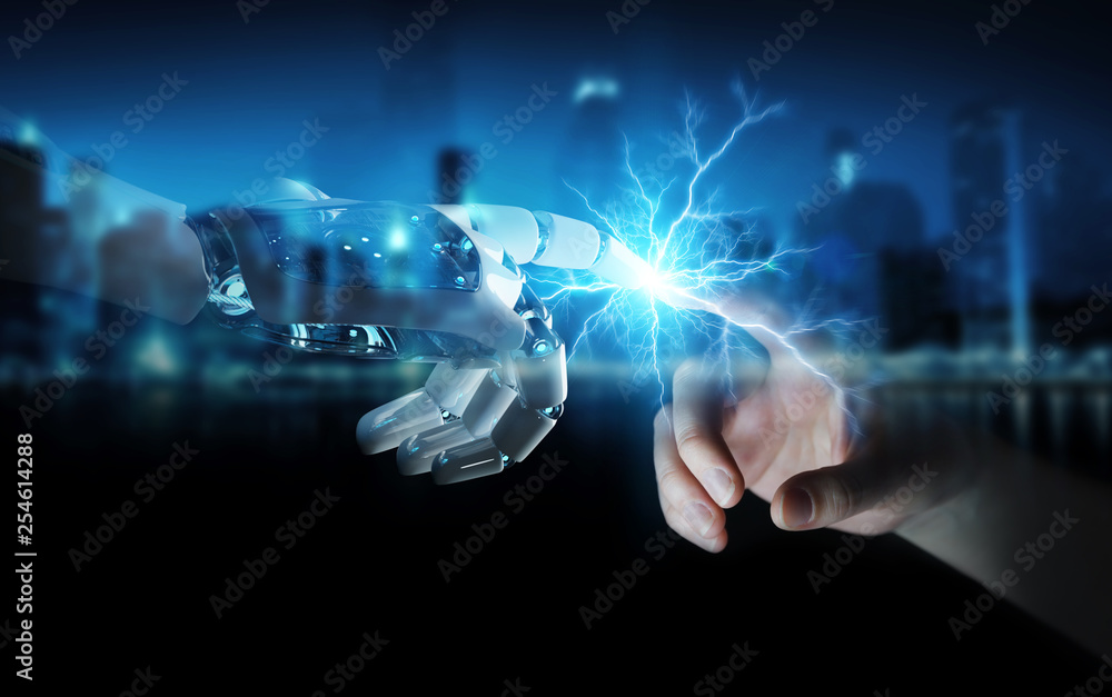 Poster robot hand creating electricity with human hand 3d rendering