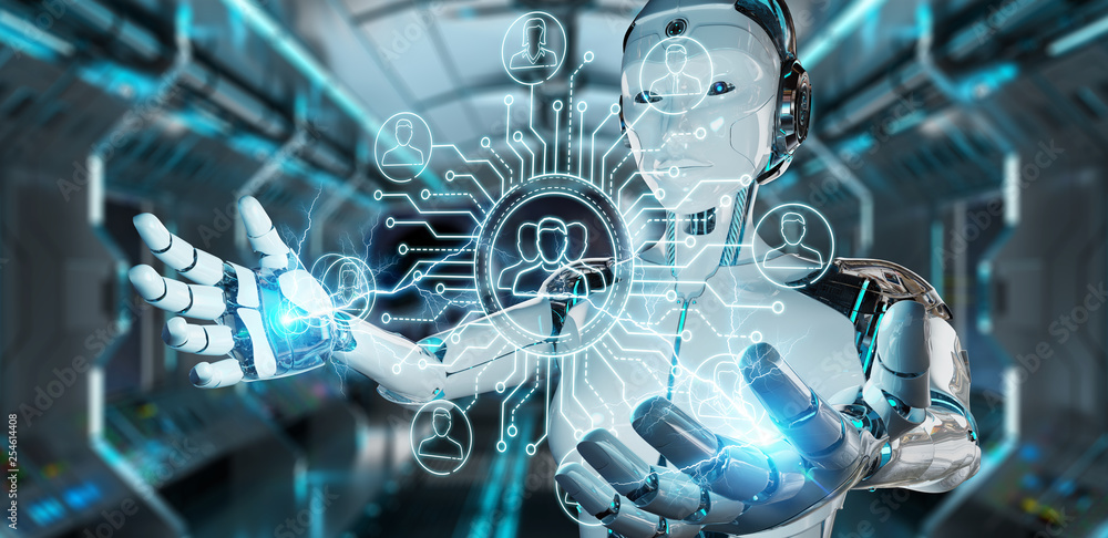 Poster white robot controlling social network icons interface