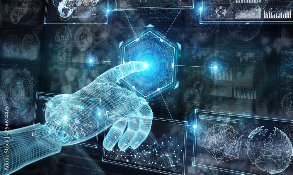 Poster wireframed blue robot hand touching graph interface on dark background 3d rendering