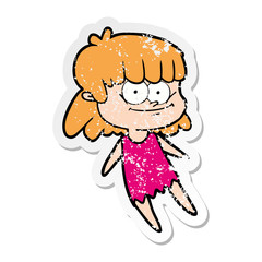 distressed sticker of a cartoon smiling woman
