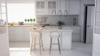 Architect interior designer concept: unfinished project that becomes real, modern scandinavian kitchen, cabinets, island and pendant lamps, minimalistic design idea