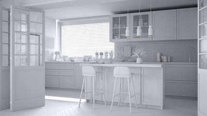 Total white project of modern scandinavian kitchen with island, stools and pendant lamps, cabinets and accessories, minimalist contemporary interior design concept idea