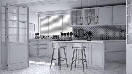 Unfinished project draft of modern scandinavian kitchen, cabinets, island and pendant lamps, contemporary interior design, architecture open space concept idea