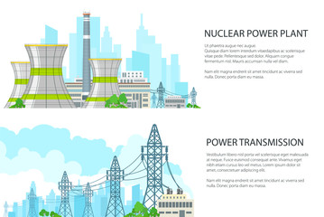 Set of White Banners with Electric Transmission, Thermal Power Station and High Voltage Power Lines Supplies Electricity to City, Vector Illustration