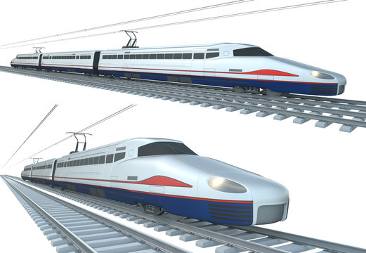 High-speed electric train, set of 3d illustrations isolated on white.