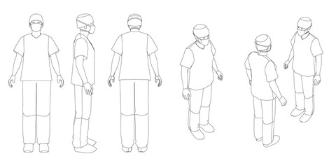 Set with outlines of the doctor in different positions. Contour of the doctor front, side, back, isometric view. Vector illustration