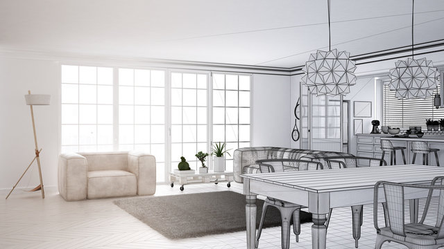 Architect interior designer concept: unfinished project that becomes real, minimalist white living room and kitchen, big window and carpet, scandinavian interior design, concept idea