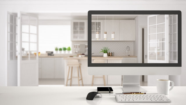 Architect designer project concept, white desk table with computer desktop showing kitchen project, blurred draft in the background, white interior design
