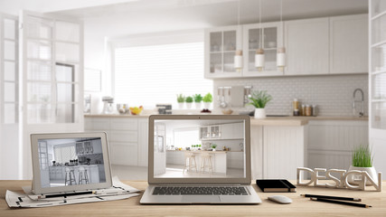 Architect designer desktop concept, laptop and tablet on wooden desk with screen showing interior design project and CAD sketch, blurred draft in the background, scandinavian kitchen