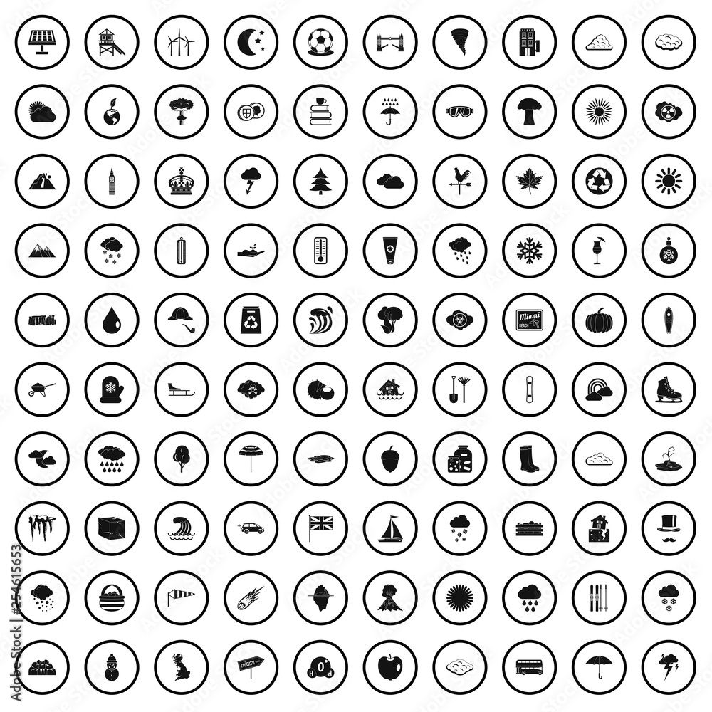 Poster 100 weather condition icons set in simple style for any design vector illustration