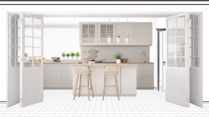 Interior design project draft, work in progress concept idea, real modern white and wooden scandinavian kitchen in sketched background, architect designer project desktop screen-shot