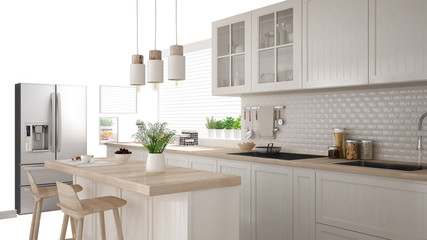 Scandinavian white kitchen with island and accessories, interior design concept idea, isolated on white background with copy space, contemporary furniture idea