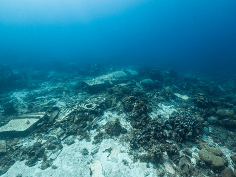Airplane wreck as a part of the coral reef in the Caribbean Sea around Curacao