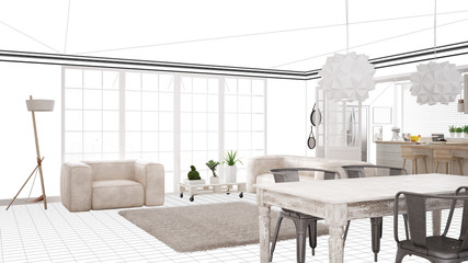 Interior design project draft, work in progress concept idea, real modern white and wooden scandinavian living room with kitchen, architect designer project desktop screen-shot
