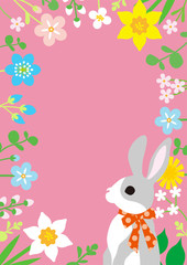 Easter bunny and spring wildflowers round frame background, pink color - copy space layout design