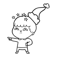 line drawing of a amazed boy wearing santa hat
