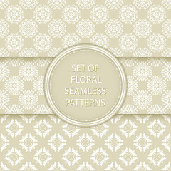 Floral seamless patterns compilation. White designs on olive green backgrounds
