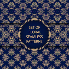 Golden blue floral seamless backgrounds. Compilation of patterns