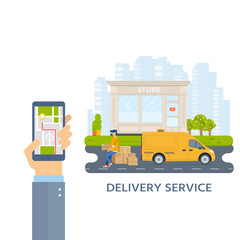 delivery service concept. Taxi truck with young man holding box package
