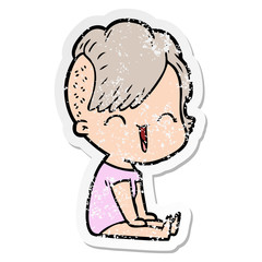 distressed sticker of a cartoon happy hipster girl