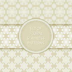 Olive green and white floral seamless patterns. Compilation of designs with flowers