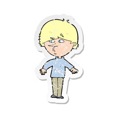 retro distressed sticker of a cartoon suspicious man looking over shoulder