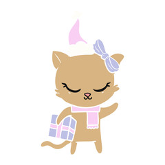 cute flat color illustration of a cat with present wearing santa hat