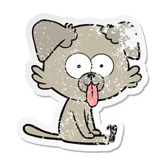 distressed sticker of a cartoon sitting dog with tongue sticking out