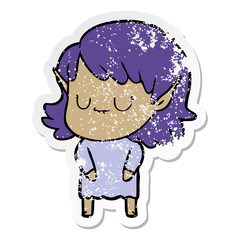 distressed sticker of a happy cartoon elf girl
