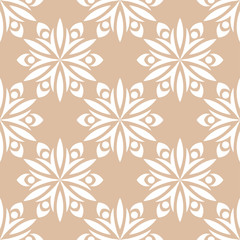 Fototapeta na wymiar Floral seamless background. White flower pattern on beige backdrop