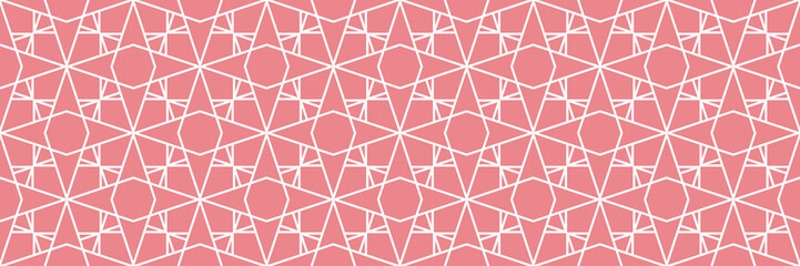 Geometric mixed shape print. White seamless pattern on pink long background