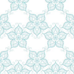 Pale blue seamless pattern on white backdrop. Geometric background. Indian style