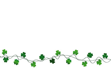 Green festive bunting with clover. Irish holiday - Happy St. Patrick's Day with a garland of three-leaf. Greeting card, poster, banner. Vector