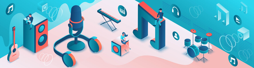 Modern music radio show or audio blog concept, podcast isometric 3d illustration, vector landing page template with people, microphone, sound studio interior - 254618615