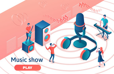 Fototapeta na wymiar Isometric music radio show 3d illustration, modern concert poster, audio blog concept, vector landing page with people singing, microphone, guitar, podcast recording sound studio, living coral color