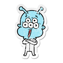 distressed sticker of a happy cartoon alien