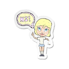 retro distressed sticker of a cartoon woman sayin hi