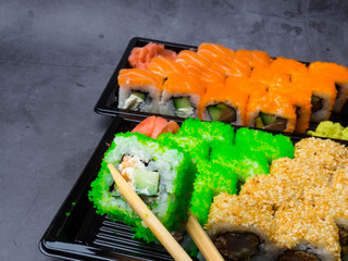 eating sushi with chopsticks, selective focus, health Japan food