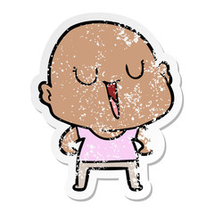 distressed sticker of a happy cartoon bald man