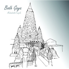 building; vector; doodle; bodhgaya; gaya; india; temple; mahabodhi temple; bihar; buddha; buddhism; background; monk; buddhist temple; bodhi tree; black; white; 
