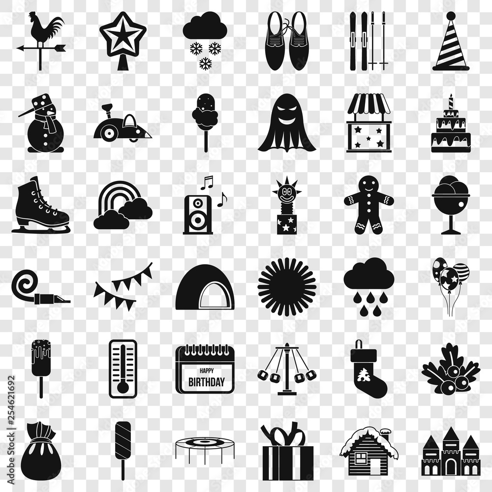 Poster children party icons set. simple style of 36 children party vector icons for web for any design