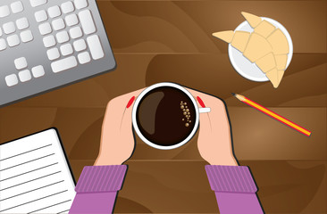 Women's hands in a sweater holding a mug of hot coffee. Vector illustration
