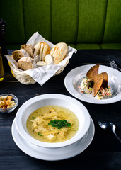 noodle soup on a table in a restaurant, menu for a cafe