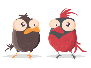 funny cartoon bird looking at red cardinal bird