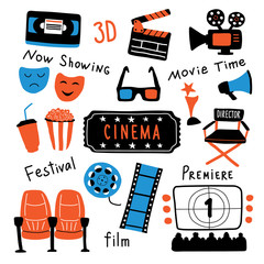 Cinema symbols set with ink lettering. Movie time and 3d glasses, popcorn, clapperboard, ticket, screen, camera, film, chairs. Funny doodle hand drawn cartoon vector illustration. Isolated on white.