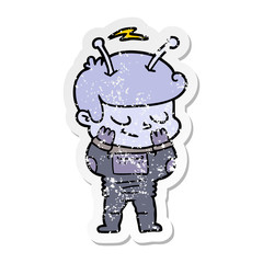 distressed sticker of a bashful cartoon spaceman