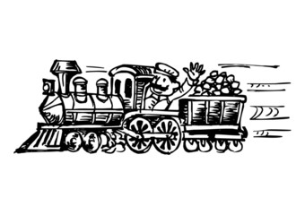Express, fast train, steam locomotive, engine driver, coal wagon, black and white cartoon