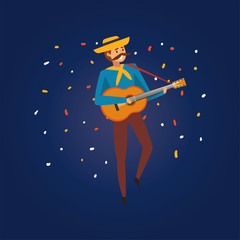 Festa Junina Traditional Brazil June Festival, Young Man in Cowboy Hat Playing Guitar at Night Folklore Party Vector Illustration