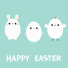 Happy Easter bunny head face, chicken bird, egg set. White rabbit baby chick. Cute cartoon kawaii funny character. Farm animal. Blue pastel background. Flat design