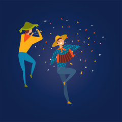 Festa Junina, Traditional Brazil June Festival, Men Dancing and Playing Accordion and Triangle at Folklore Party Vector Illustration